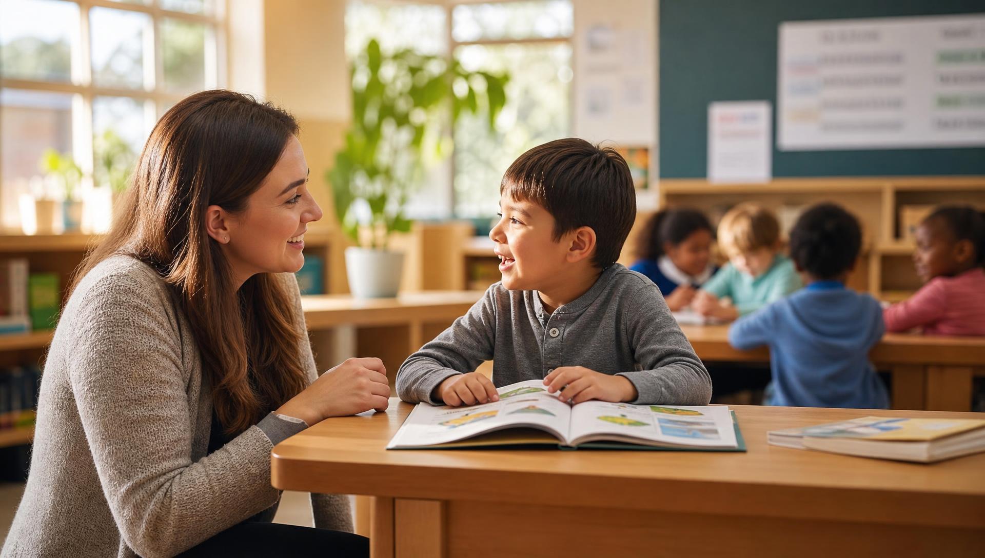 A teacher and student connecting over a book in a bright, welcoming classroom